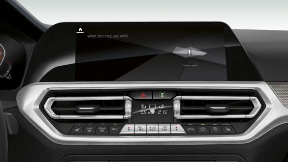 BMW 3 Series Sedan, BMW Intelligent Personal Assistant. Frontal close-up of the cockpit display of the BMW 3 Series Sedan with BMW Intelligent Personal Assistant.