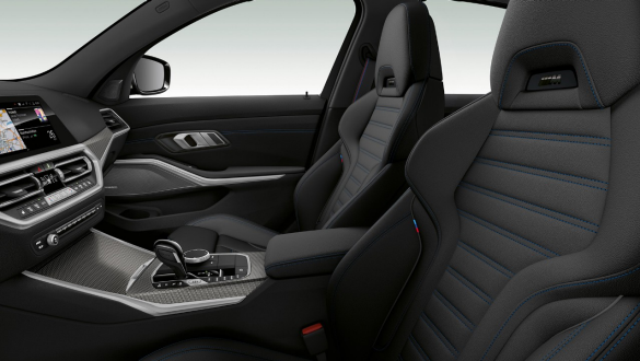 BMW 3 Series Sedan, sport seats Close-up side view of the front row seats with black sport seats for driver and front passenger.