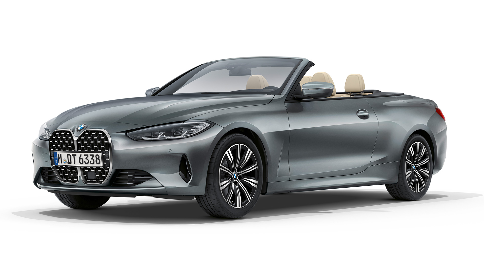 BMW 4 Series Convertible base model G23 2020 three-quarter front view BMW 4 Series Convertible G23 2020 base model Bluestone metallic three-quarter front view