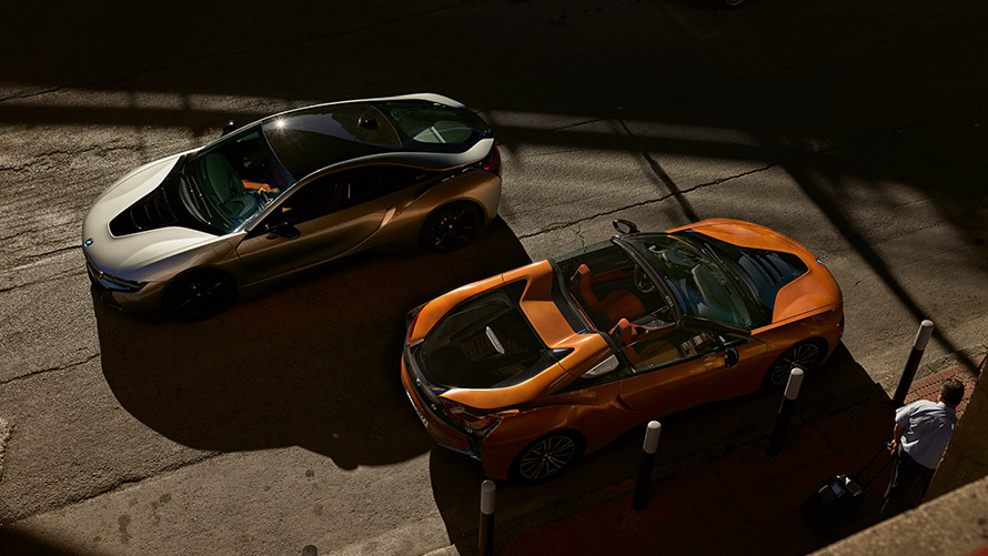 BMW i8 I12 I15 first generation three-quarter side view on the street BMW i Series BMW i8 I12 I15 first generation three-quarter side view on the street