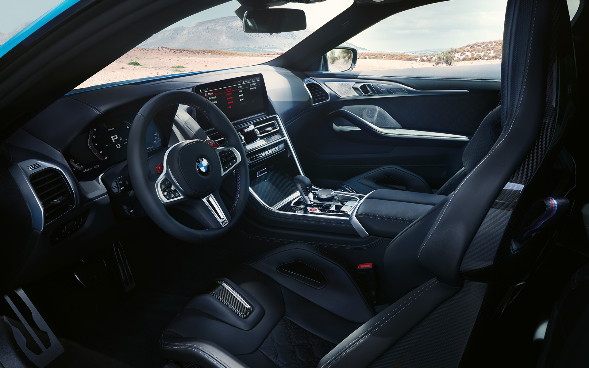 M Carbon bucket seats M leather steering wheel BMW M8 Competition Coupé F92 LCI 2022 BMW M8 Competition Coupé F92 LCI Facelift 2022 Cockpit Interior M leather steering wheel M Carbon bucket seats