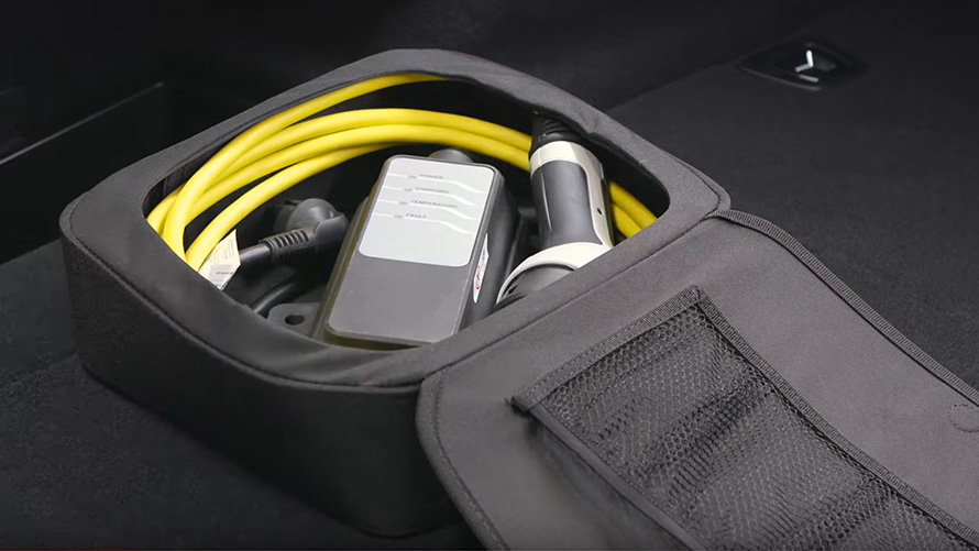 Charging accessories for BMW plug-in hybrid in bag Charging accessories for BMW plug-in hybrid in bag close-up