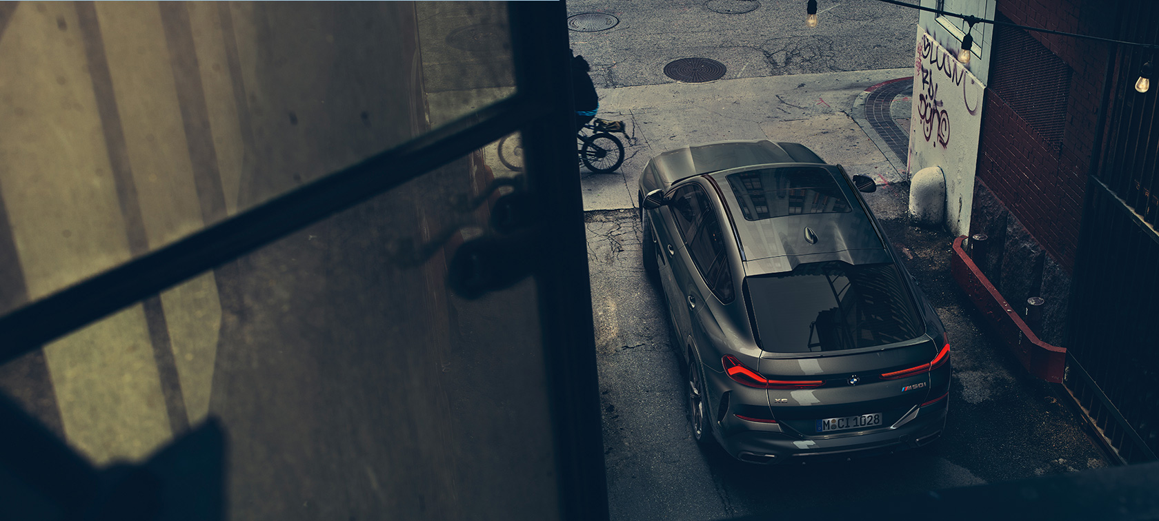 BMW X6 rear view. BMW X6 rear view from bird's eye view.