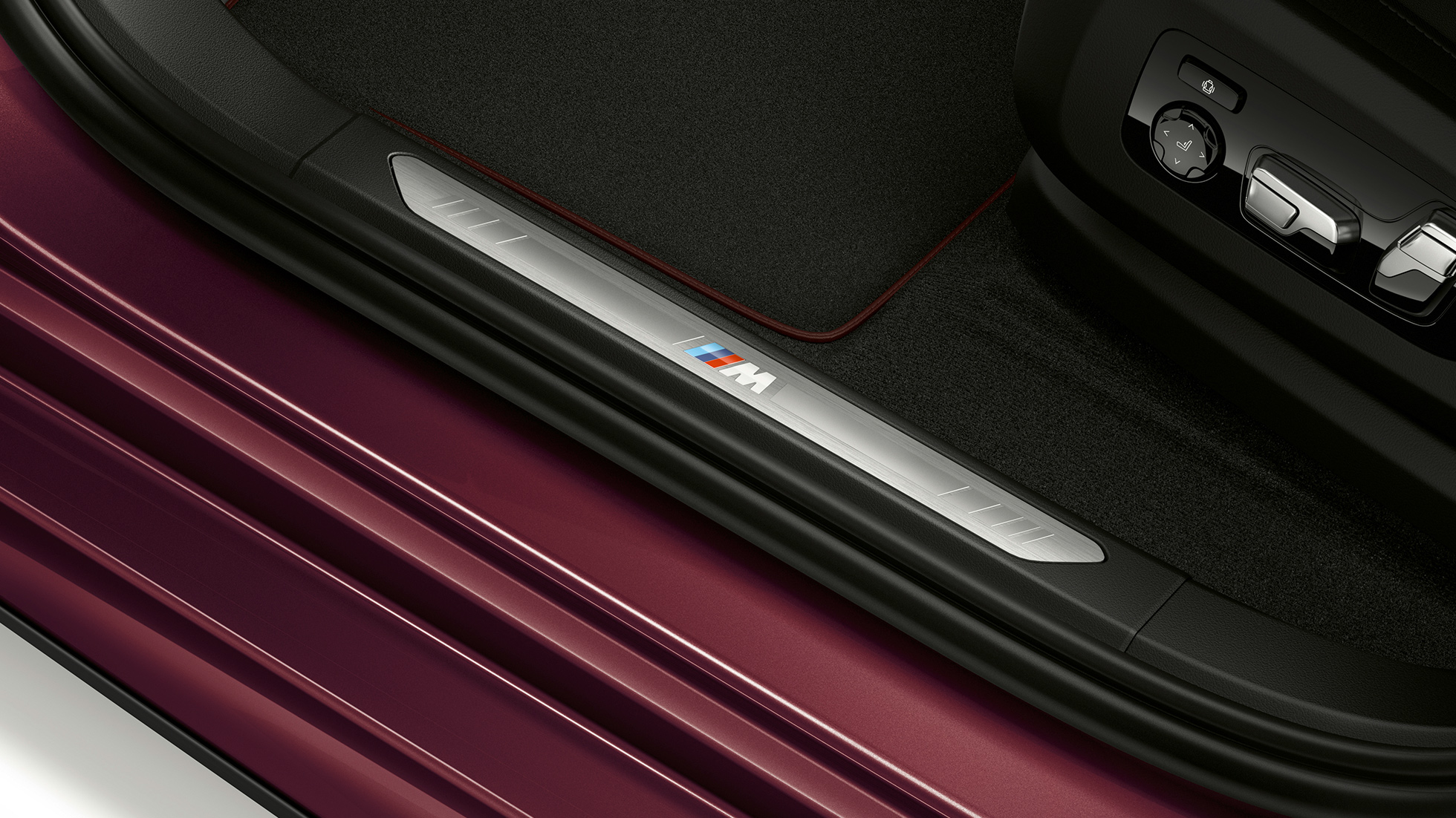 BMW X6 Individual door sill. BMW X6 Individual interior with close-up of door sill.
