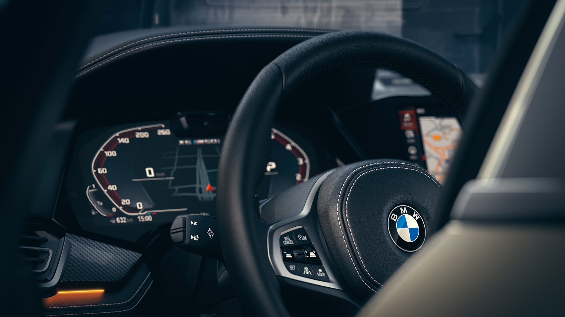 BMW assistance systems. Close-up of the BMW interior with focus on Instrument cluster.