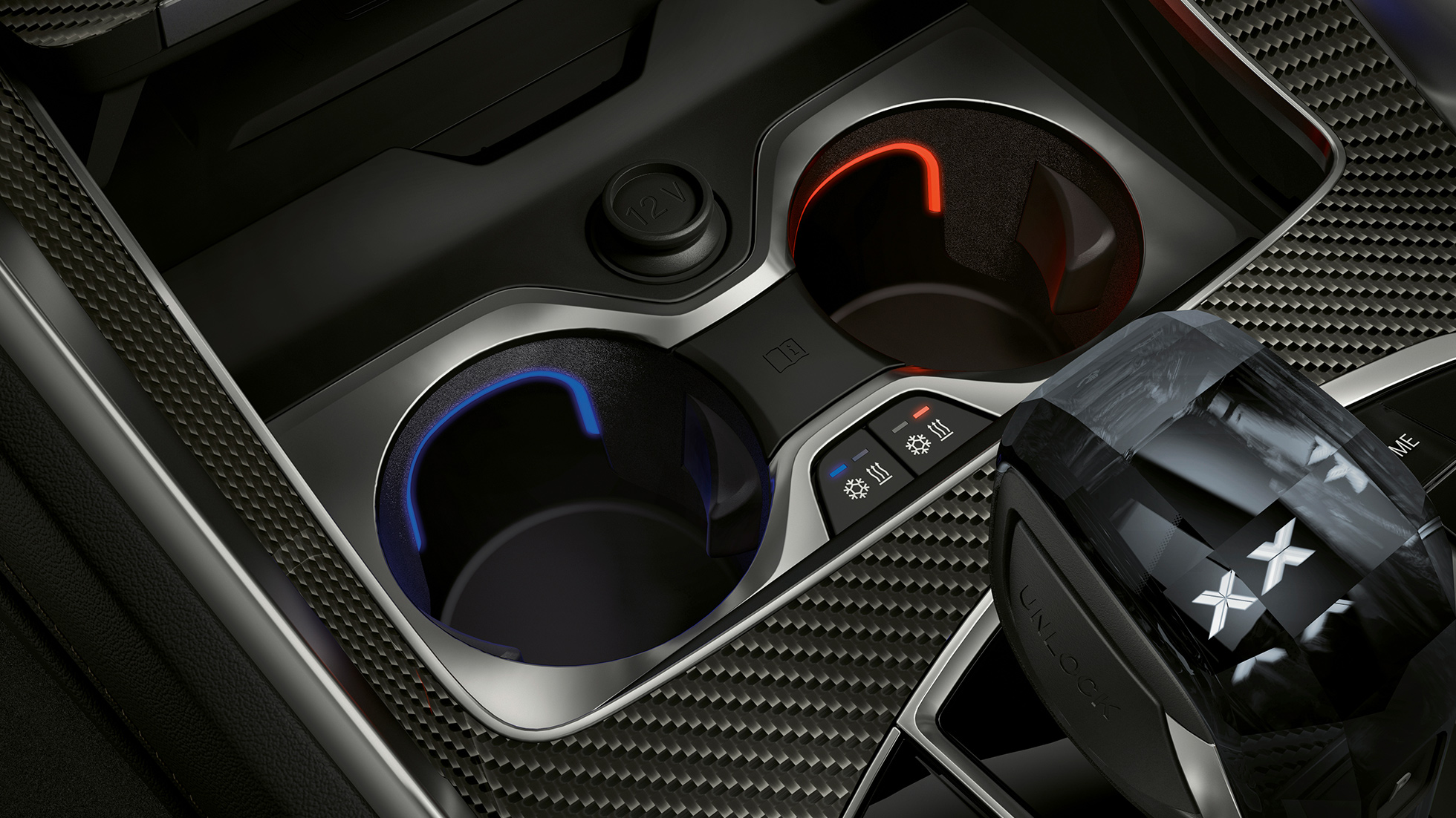 Temperature-controlled cupholder. Close-up of the BMW interior with focus on temperature-controlled cupholder.