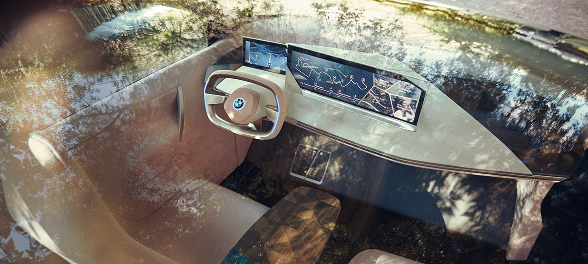 Cockpit of the BMW Vision iNEXT Cockpit of the BMW Vision iNEXT, view through the panorama roof