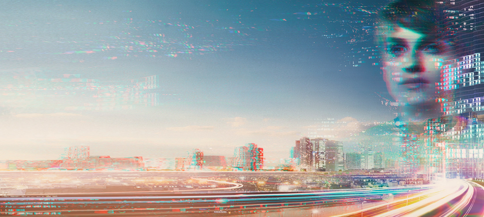 BMW Personal CoPilot: Autonomous Driving Futuristic image of a pixelated city and a pixelated face of a woman that is staring in the distance.