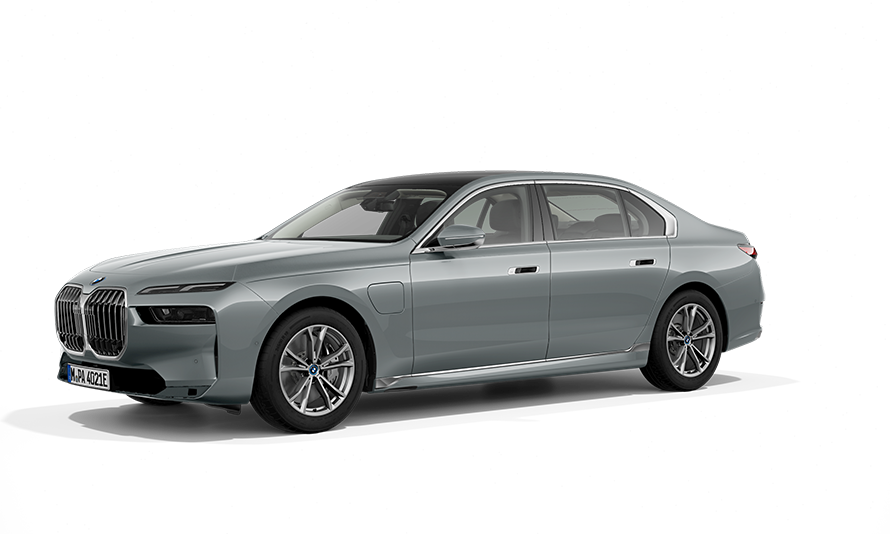 BMW 750e xDrive PHEV car three-quarter front view BMW 750e xDrive PHEV car three-quarter front view