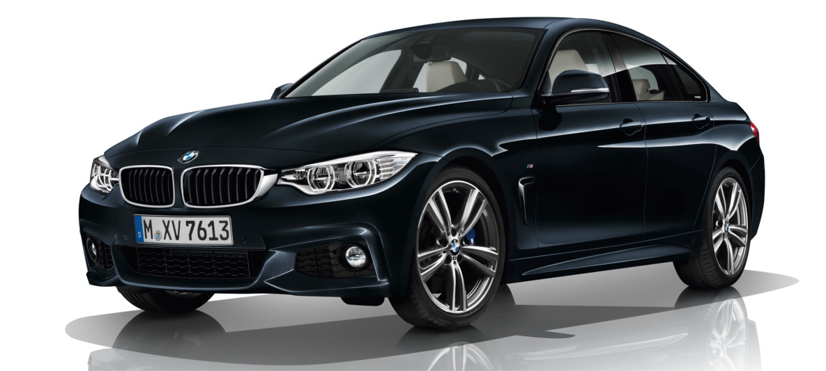 BMW 4 Series Gran Coupé – M Equipment and Packages for Dynamic Driving and Design BMW 4 Series Gran Coupé with M Sport package in dark metallic finish, highlighting performance styling and equipment enhancements