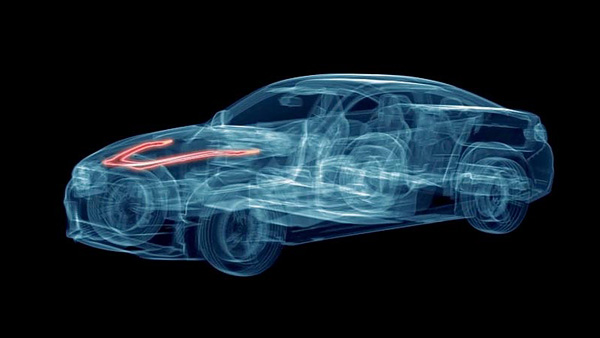 BMW M Engineering – Transparent Visualization of Innovation and Powertrain Design Futuristic transparent render of a BMW M vehicle highlighting internal components and design innovation against a black background
