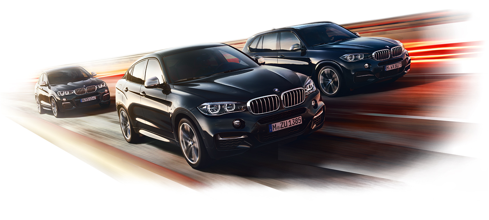 BMW M Performance SUV Lineup in Motion – X5 and X6 Highlighting Sporty Agility Three BMW M Performance SUVs in motion showcasing dynamic design and driving power