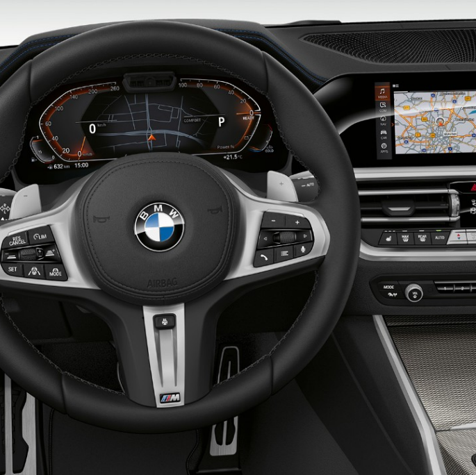 BMW 3 Series Sedan, Model Sport Line Cockpit. Frontal close-up of the driver's cockpit of the BMW 3 Series Sedan with Model Sport Line features.